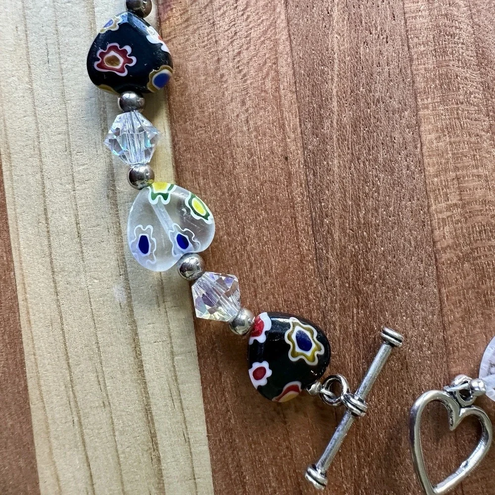 Vintage Heart Bead Bracelet 7.75 Inch Murano Millefiori Glass Crystals Toggle‎